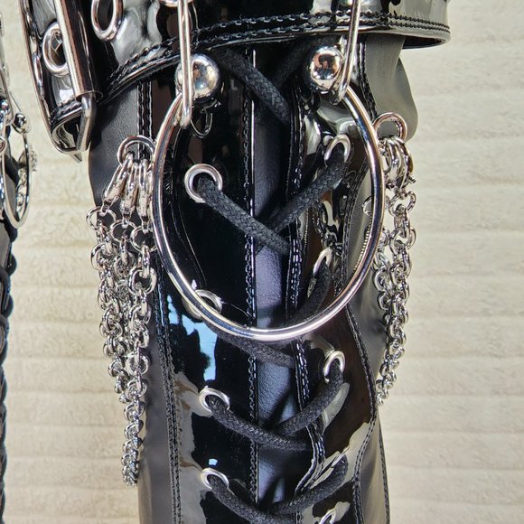 Bratty Big Buckle Strap Drape Chain Block Heel Stretch Thigh Goth Boots - Picture 13 of 15